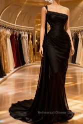 Elegant Black Split Mermaid Beading Semi Formal Prom Dresses